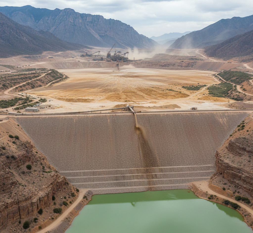 Obra de engenharia geotécnica com barragem e estruturas hidráulicas